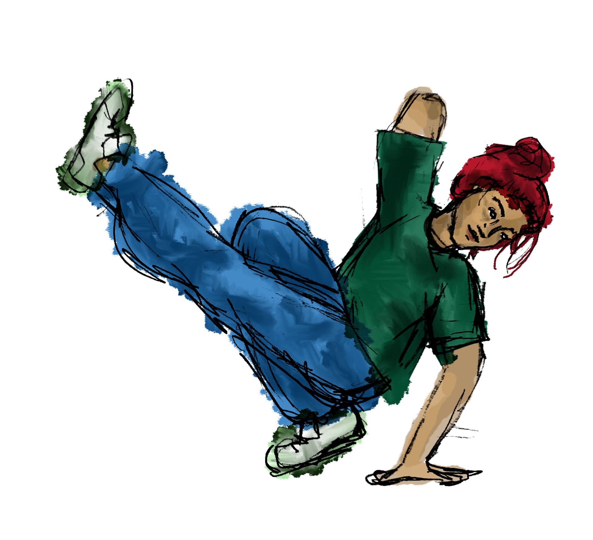 Illustration of Female break dancer with Limb Difference in a break dancing pose 