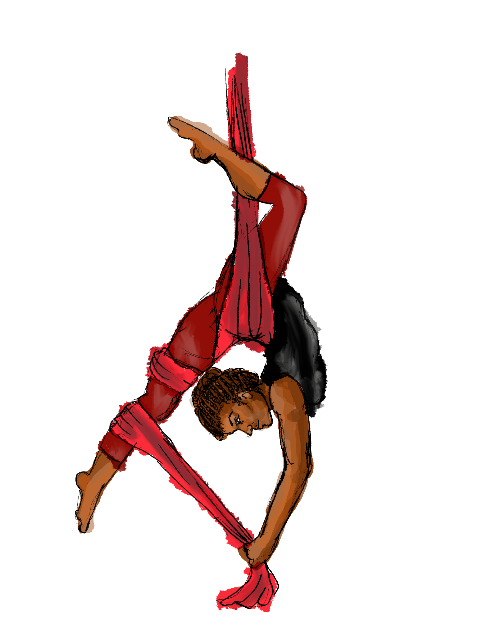 Illustration of aerialist global majority dancer hanging from red silks Illustration of aerialist global majority dancer hanging from red silks