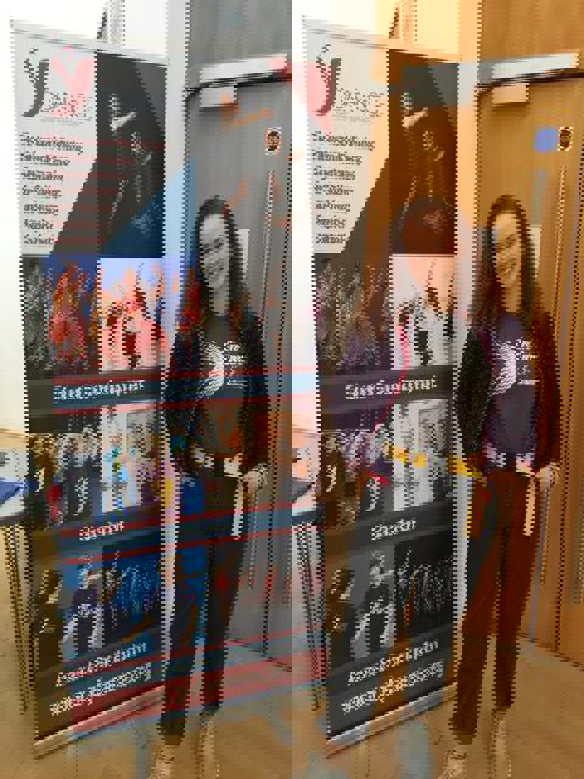 White female one dance uk dance ambassador standing in front of a Y Dance pull up banner White female one dance uk dance ambassador standing in front of a Y Dance pull up banner