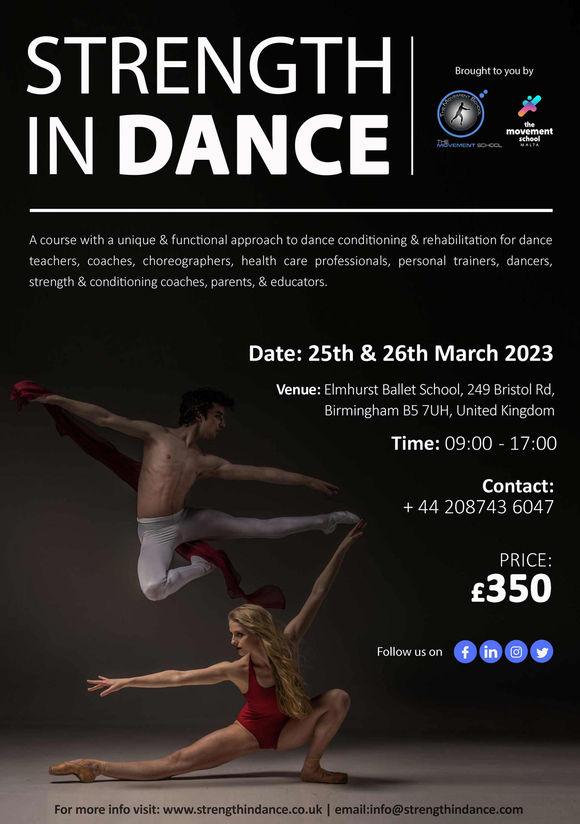poster with text saying Strength In Dance with two dancers one jumper and the other lunging 