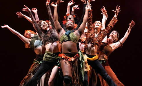 group of dancers with their arms fanned over their head on dark stage