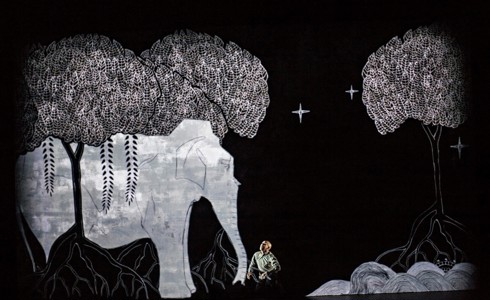 dancer sitting crossed legged central on stage with large illustrated elephant projection and tress behind