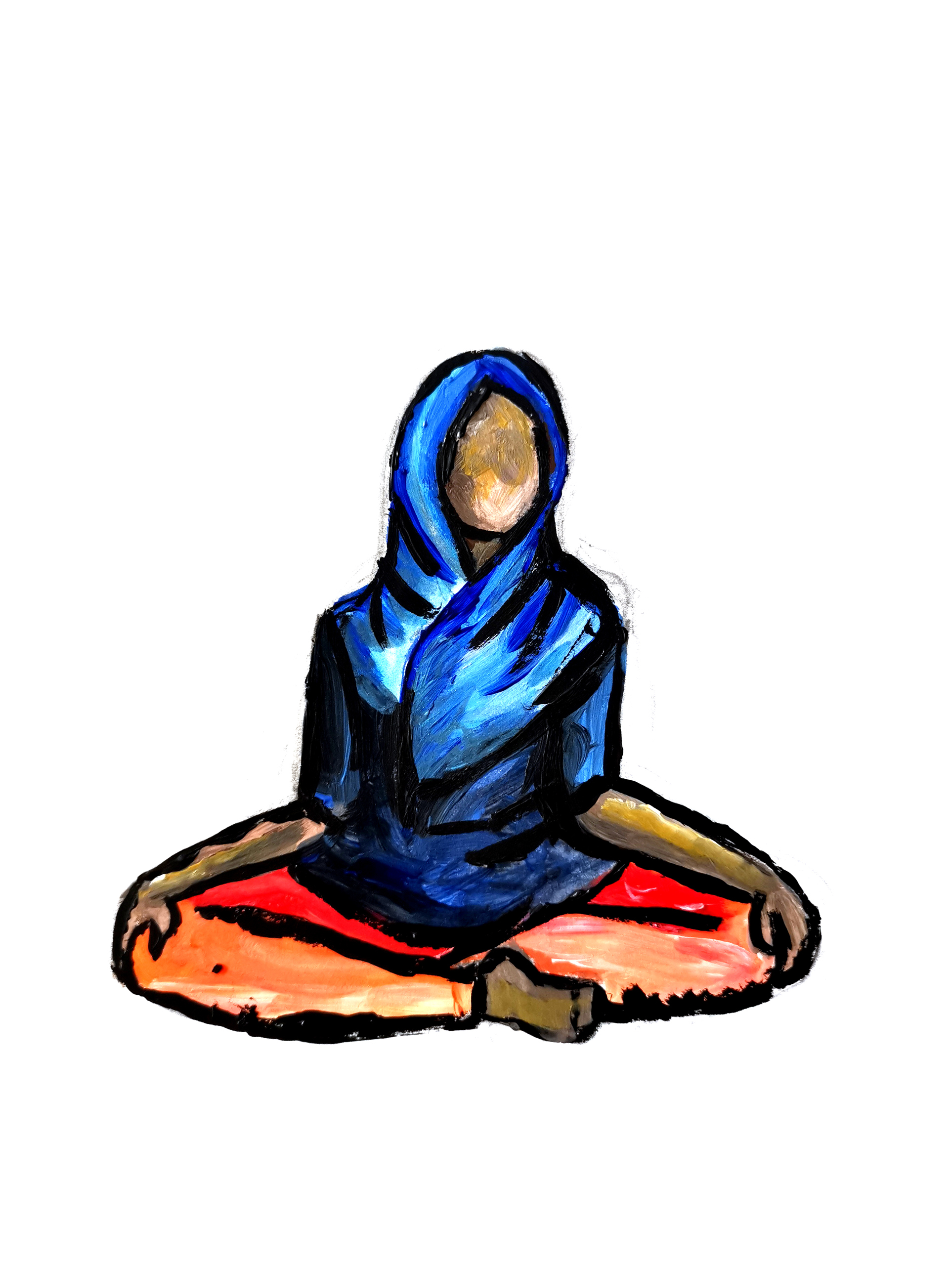 Painting of young female global majority dancer wearing headscarf sitting cross legged