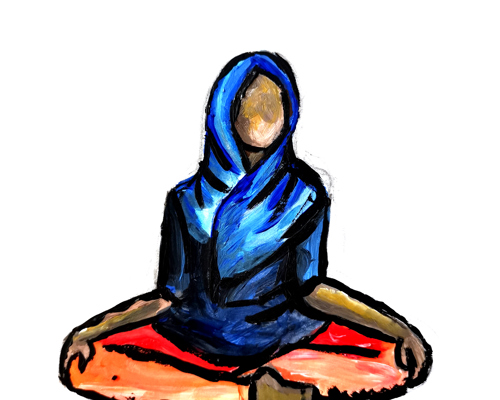Painting of young female global majority dancer wearing headscarf sitting cross legged