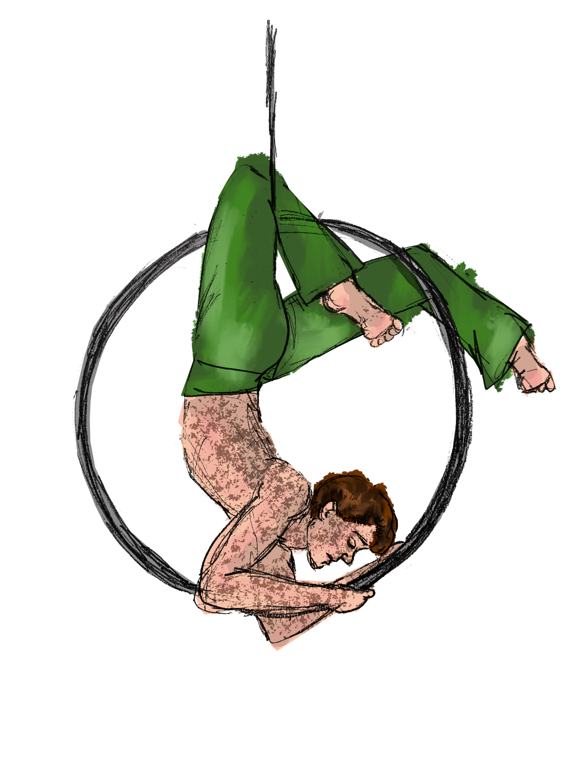 Illustration of white freckled male aerialist hoop dancer upside down with arched back wearing green trousers and no top. 