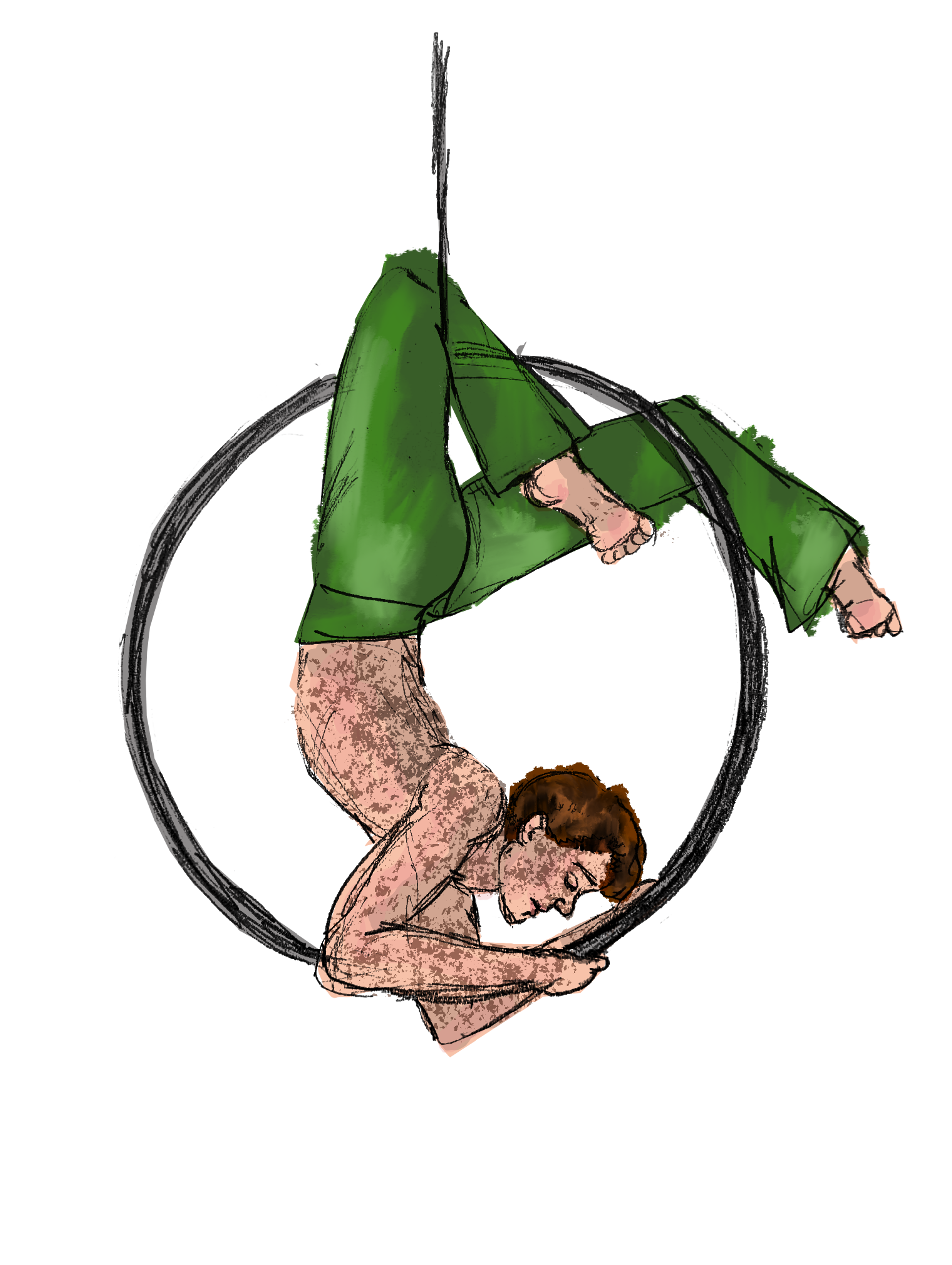 Illustration of white freckled male aerialist hoop dancer upside down with arched back wearing green trousers and no top. Illustration of white freckled male aerialist hoop dancer upside down with arched back wearing green trousers and no top.