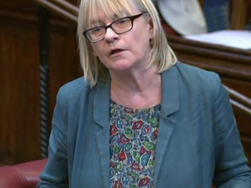 Headshot of Jane Bonham Carter. White female with short blonde hair and rectangular glasses, presenting in the house of commons. Wearing blue blazer and blue and red floral top. 