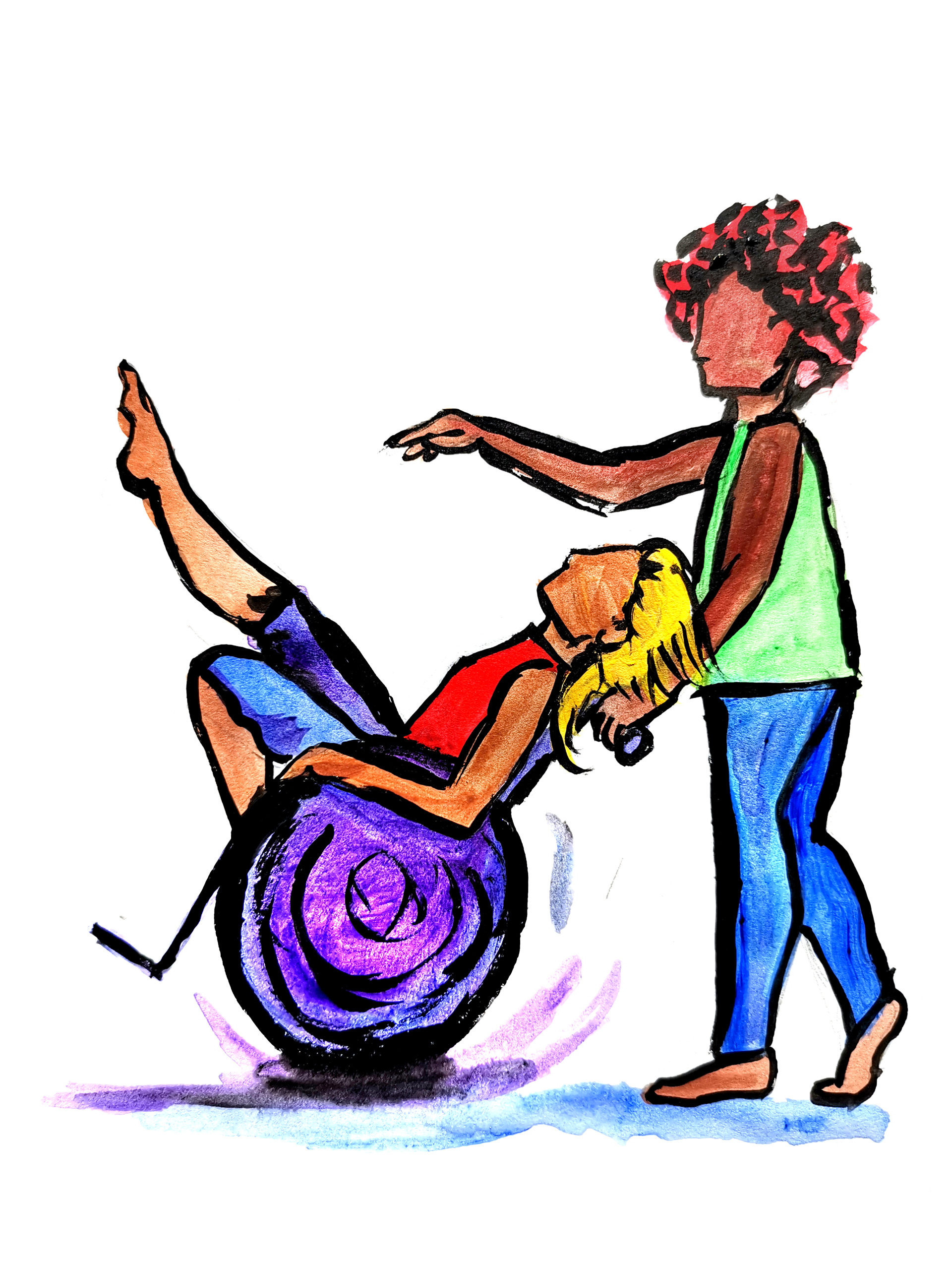 Illustration of female wheelchair dancer and carer Illustration of female wheelchair dancer and carer