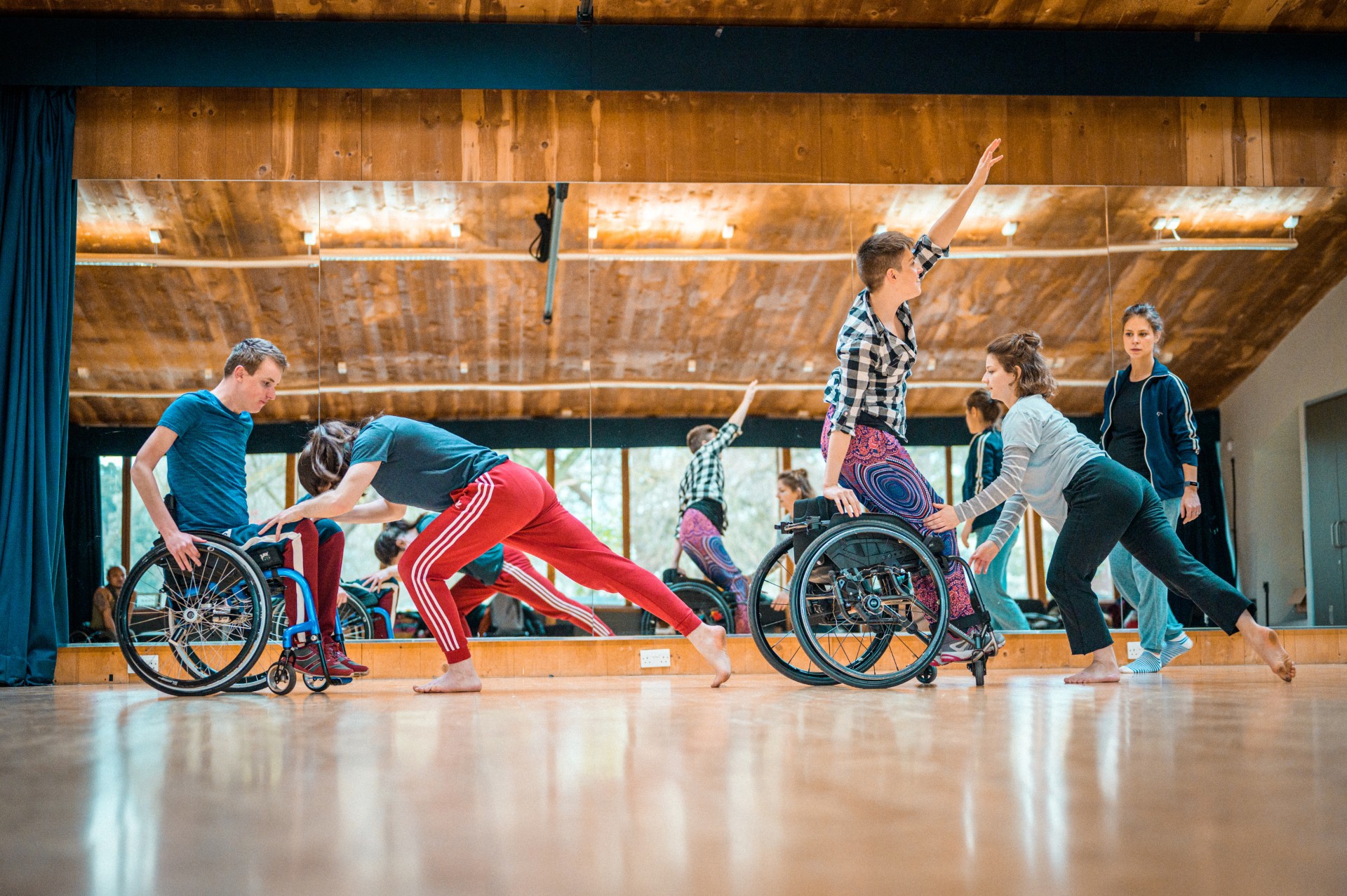 Wheel chair dancers in the studio rehearsing Wheel chair dancers in the studio rehearsing